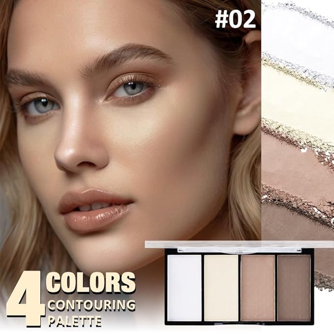 4-Color Contour Makeup Palette, Blush Highlighter Bronzer Powder Kit, Face Cosmetics Gift Set (02#, 1 Count (Pack of 1))