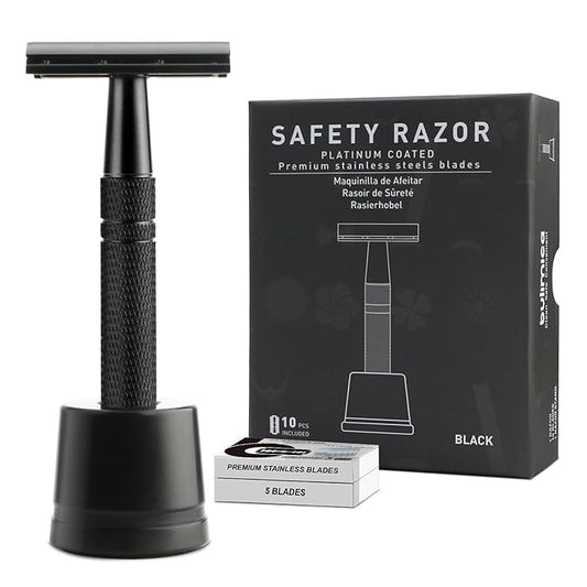 Double Edge Safety Razor with Stand, Single Blade Razors for Men and Women, Reusable Metal Razor, with 10 Stainless Steel Double Edge Blades, Smooth and Close Shave, Plastic Free, Matte Black