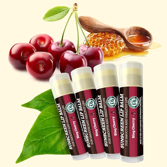 SPF Lip Balm 4-Pack by Earth's Daughter - Lip Sunscreen, SPF 15, Organic Ingredients, Cherry Flavor, Beeswax, Coconut Oil, Vitamin E - Hypoallergenic, Paraben Free, Gluten Free