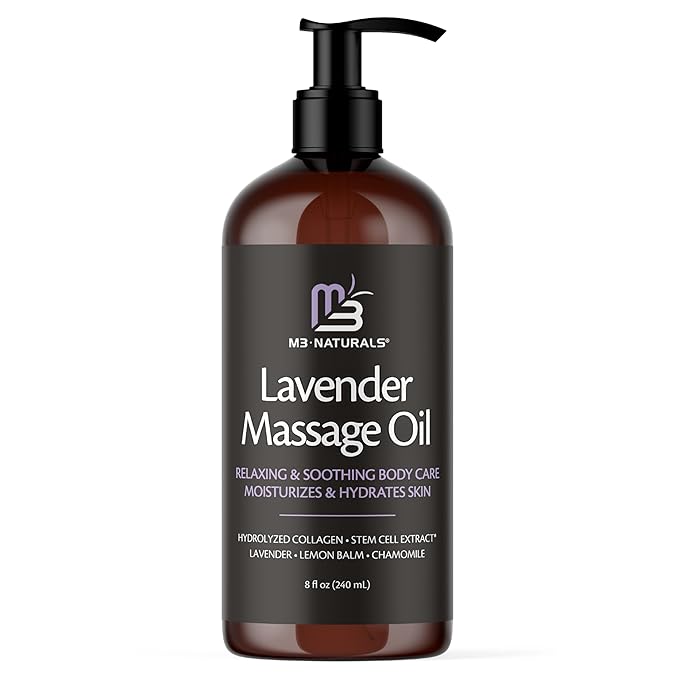 Lavender Sensual Massage Oil with Collagen and Stem Cells, Skin Tightening Therapy for Bum, Thighs, and Belly, Fast-Absorbing Cellulite Oil by M3 Naturals