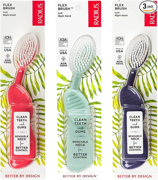 RADIUS Flex Brush Toothbrush Designed to Improve Gum Health & Reduce Gum Issues - Right Hand - Purple/Watermelon/Mint Green - Pack of 3