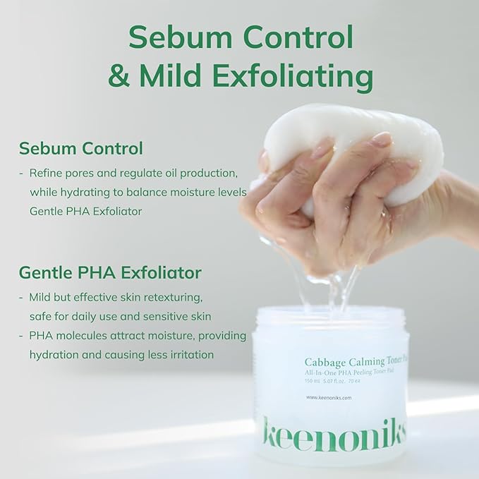 Cabbage Calming Toner Pads – PHA Exfoliating & Cooling Facial Wipes with 150,000ppm Cabbage Extract for Redness Relief & Pore CareㅣKorean Skincareㅣ70 Pads (5.07Oz)