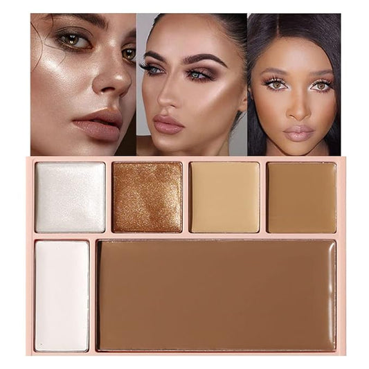 Pro Cream Highlight and Contour Palette Kit with Mirror & Brush for Women. White Silver Gold Highlight Brown Face Correcting Concealer Palette