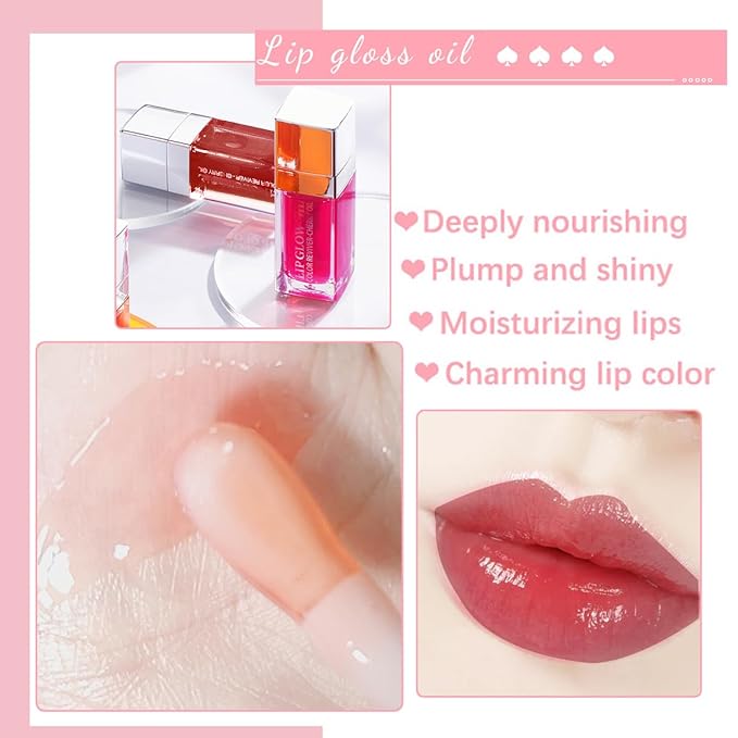 2 Colors Hydrating Plumping Lip Glow Oil,Moisturizing Lip Oil Gloss Transparent Glossy Lip Gloss Primer Lip Tint for Lip Care and Dry Lip (E176) (006#+020#)