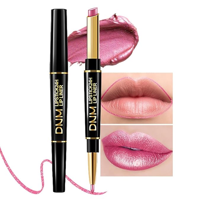 2-in-1 Rose Lip Liner & Lipstick Set Kit for Women, Metallic Lips Kit with Lip Liner Lip Stains Long Lasting Waterproof 24 Hour Lipstick and Lip Liners Combo Lipliners Pencil Set 21