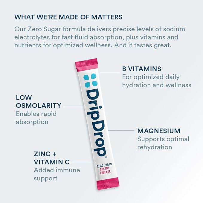 DripDrop Sugar Free Hydration Packets - Zero Cherry Limeade - Single Serve Electrolytes Powder Drink Mix - Non-GMO, Gluten Free, Vegan - 32 Sticks