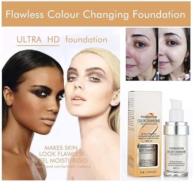 30ML Flawless Colour Changing Warm Skin Tone Foundation,Naturally Blends Moisturizing foundation makeup,Long Lasting Waterproof Poreless Liquid Foundation SPF 15 for Face Makeup