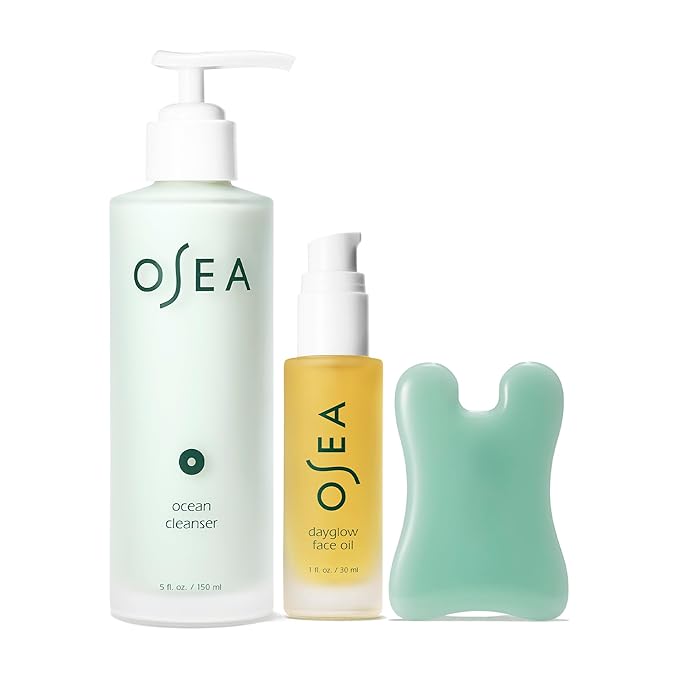 OSEA Glow & Go Facial Full Size Set - Includes Full Size Ocean Facial Cleanser (5oz), DayGlow Face Oil (1oz), Gua Sha Sculptor - Clean Beauty Set - Radiant Mother's Day Gift Set