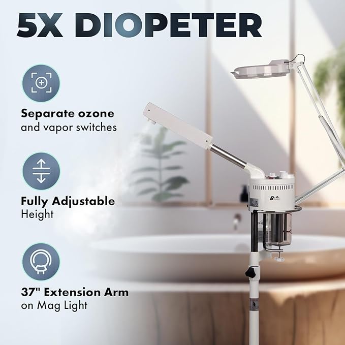 Buy-Rite 2-in-1 Marie Ozone Facial Steamer, 5 Diopter Magnifying Lamp, Fully Adjustable Height, 360' Swivel, Timer and Automatic Shut-Off, Large Star Base with Wheels, MEI-2001A