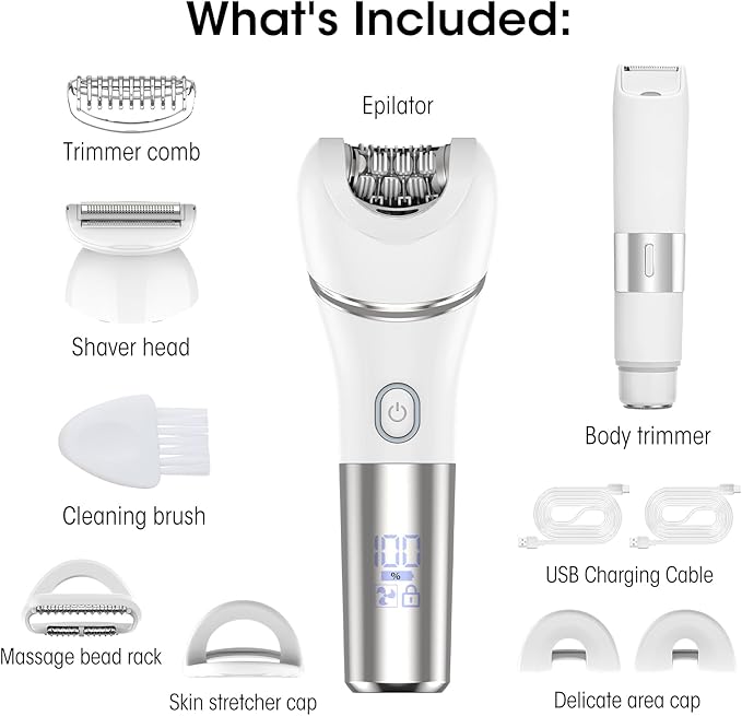 Epilators Hair Removal for Women-2 in 1 Eletctric Razors for Women,Dual Head Bikini Trimmer for Pubic Hair/Lady Facial Razor,Cordless Epilator Body Shaver for Smooth Wet/Dry Shaving,Led Light