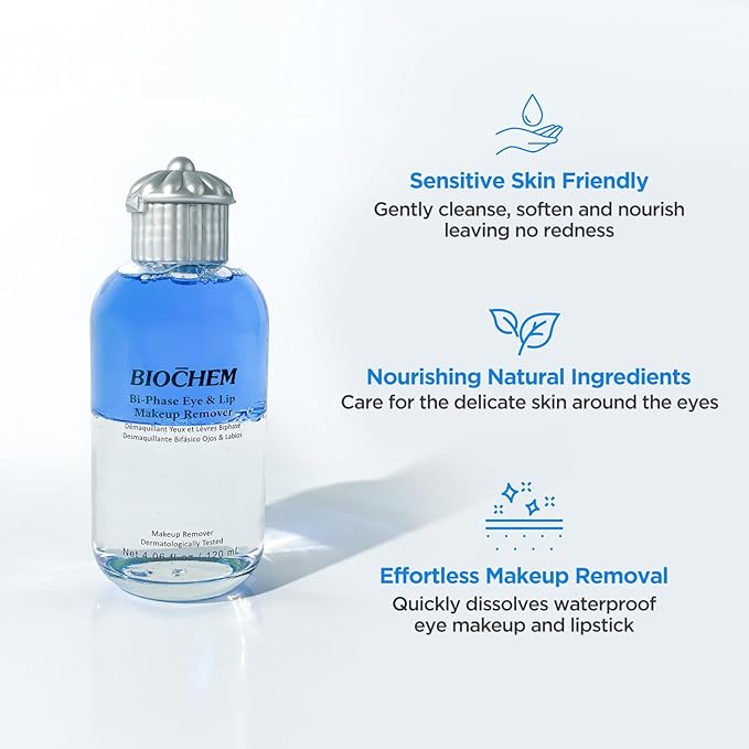 BIOCHEM Bi-Phase Eye & Lip Heavy Makeup Remover, Waterproof Mascara Remover, Gentle Cleanser liquid for Makeup with Natural Ingredients for Sensitive, Normal Skin Types (4.06 fl. oz / 120 ml)