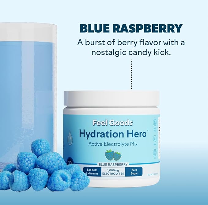 Feel Goods Hydration Hero, 1,000mg Electrolytes Powder, Sugar Free, Magnesium, Organic Aloe Vera, L Theanine, Vitamin C, B12, Keto, Vegan, Plant Based, Blue Raspberry, 30 Servings
