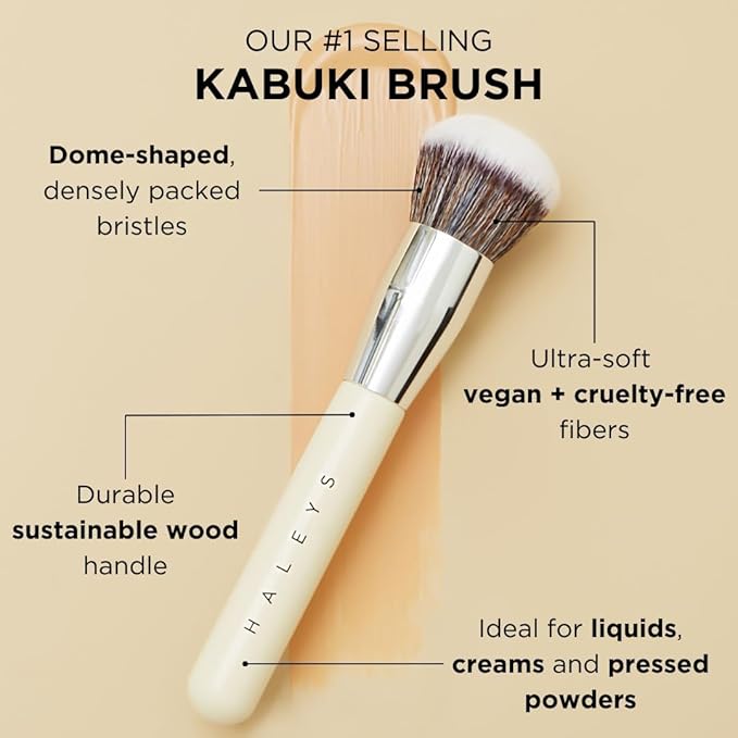 HALEYS Kabuki Makeup Brush + GWP Skin Tint Mini, VEGAN+CRUELTY-FREE, Sustainable Wood, Vegan Bristles for Airbrushed Finish, For Creams, Liquids, Powder, Streak-free, Perfect Blending, Buffs, Blurs