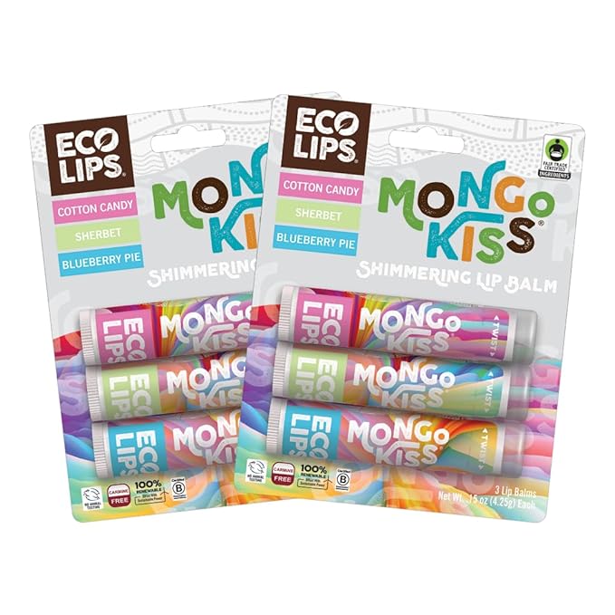 Mongo Kiss Shimmering Lip Balms (6 tubes, 2 packs) by Eco Lips 100% Natural Lip Balms featuring Organic Mongongo Oil, Cotton Candy, Sherbet and Blueberry Pie flavors - Made in USA.