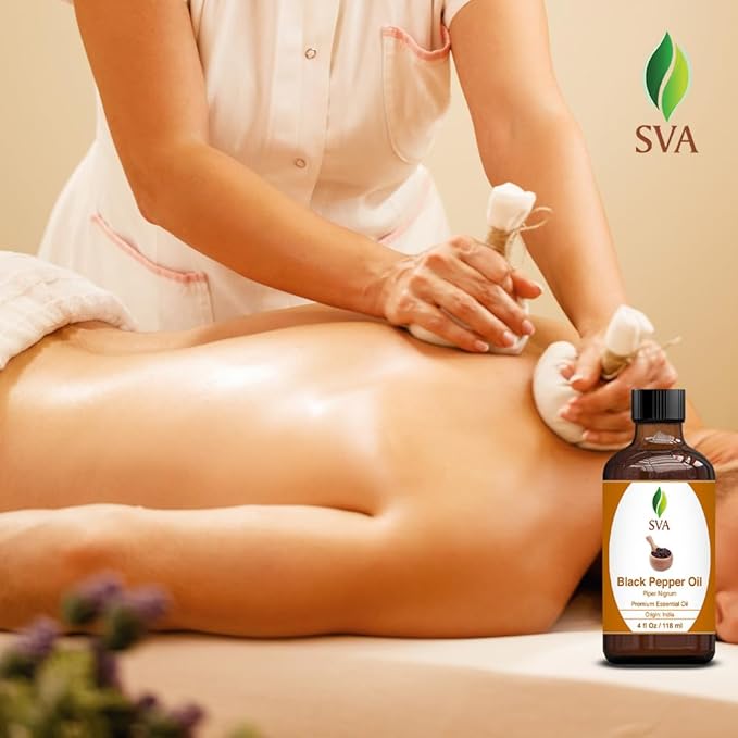 SVA Black Pepper Essential Oil – 4 Fl Oz – 100% Natural Black Pepper Oil - for Diffuser, Hair Care, Face, Skin Care, Aromatherapy, Scalp and Body Massage, Soap and Candle Making – with Dropper
