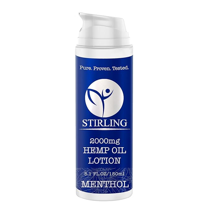 STIRLING Menthol Lotion + Hemp Oil – Maximum strength relief with cooling menthol and 100% pure hemp oil to soothe joints, relax muscles, and hydrate with aloe vera. 5 fl oz. (2000mg, Menthol)