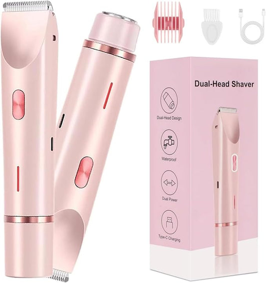 Dermave Bikini Shaver,2 in 1 Dual Head Bikini Trimmer & Body Shaver, Painless Hair Removal with Silky Glow Finish, Cordless & Waterproof Electric Trimmer for Women,Pink