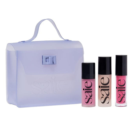 Saie SaieGlow Starter Makeup Kit - Glowy Super Gel, Dew Blush, and Glossybounce Lip Gloss - Essential Makeup Set in a Mini Reusable Jelly Travel Bag (3 Count)
