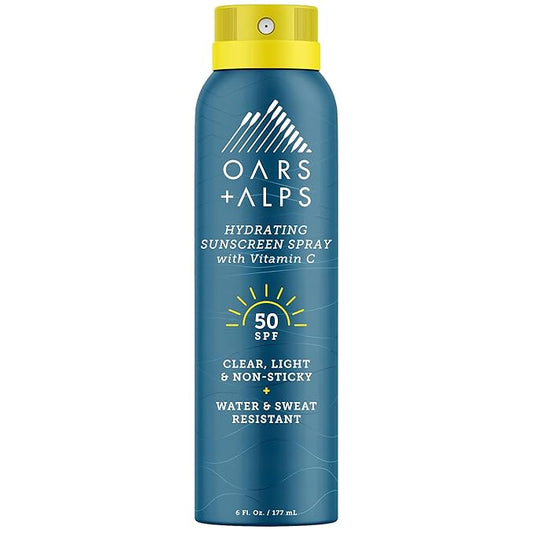 Oars + Alps Sunscreen Spray for Face & Body, SPF 50 Spray Sunscreen Infused with Vitamin C & Antioxidants, No White Residue, Water & Sweat Resistant, All Skin Types, Lightweight, Hydrating, 6oz, 1pk
