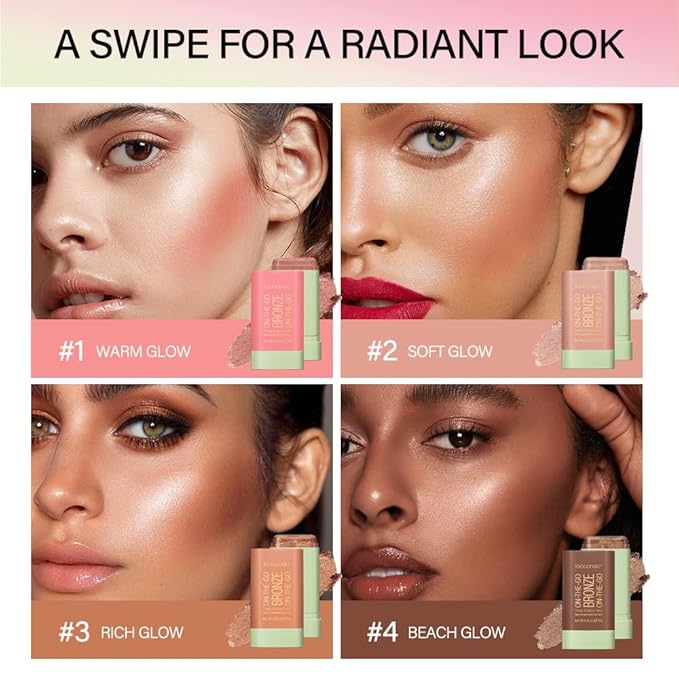 Multi-Use Makeup Bronzer Stick for Effortless Glow - Hydrating Solid Moisturizer with Natural Bronze Tint for Eyes, Lips & Cheeks (#4 Beach Glow)