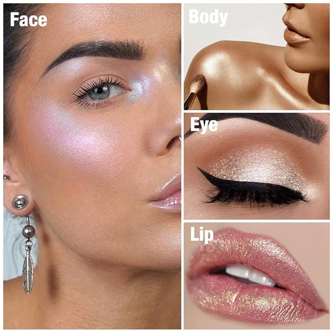 Cream Highlighter Makeup Palette, Glow Highlighters Makeup Powder, Suit for Cheeks, Body, Eyeshadow, Silver Light Pink Rose Gold Purple Champagne, Vegan, Talc Free (06)