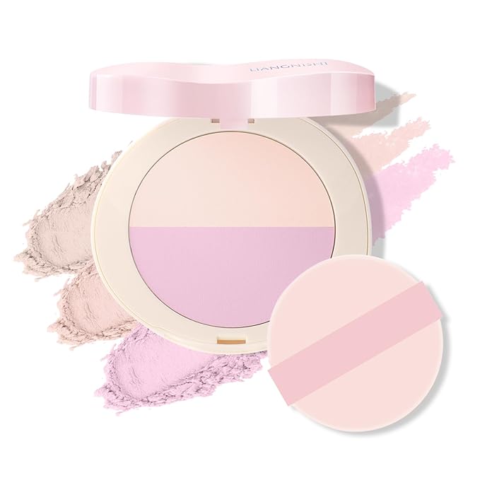 Pink Setting Powder, 3 in 1 Blush Palette with Puff, Highlighter Palette, Fine Texture Blush Pressed Powder, Setting Powder Makeup, Korea Makeup - Purple