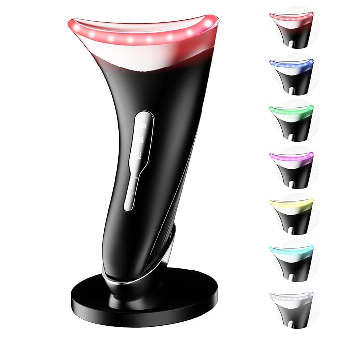 7 Color Light Therapy Facial Massager with Adjustable Vibration and Thermals for Wrinkles, Double Chin, Red Light Skin Care Tool with Base, Black