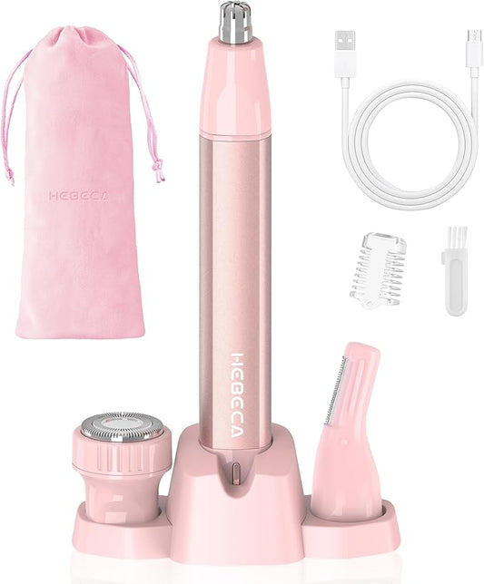 Nose Hair Trimmer for Women 3in1 Facial Hair Removal Trimmers with Storage Base - Waterproof, Portable USB Rechargeable with Travel Bag- Trims Nose, Ear, Eyebrow, Peach-Fuzz, Lips, Chin Face Hair
