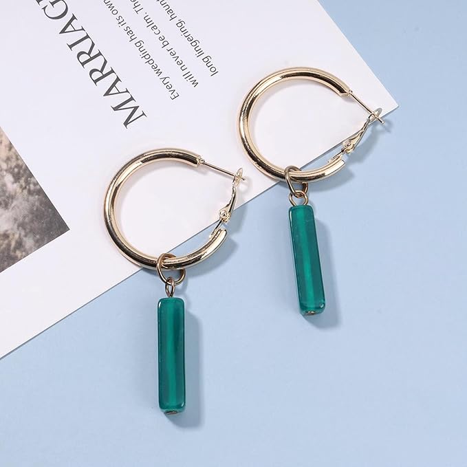 Boho Rectangle Green Jade Earrings Green Marbled Earrings Gold Circle Leverback Dangle Earrings Vintage Circle Hoop Dangle Earrings Jewelry for Women and Girls