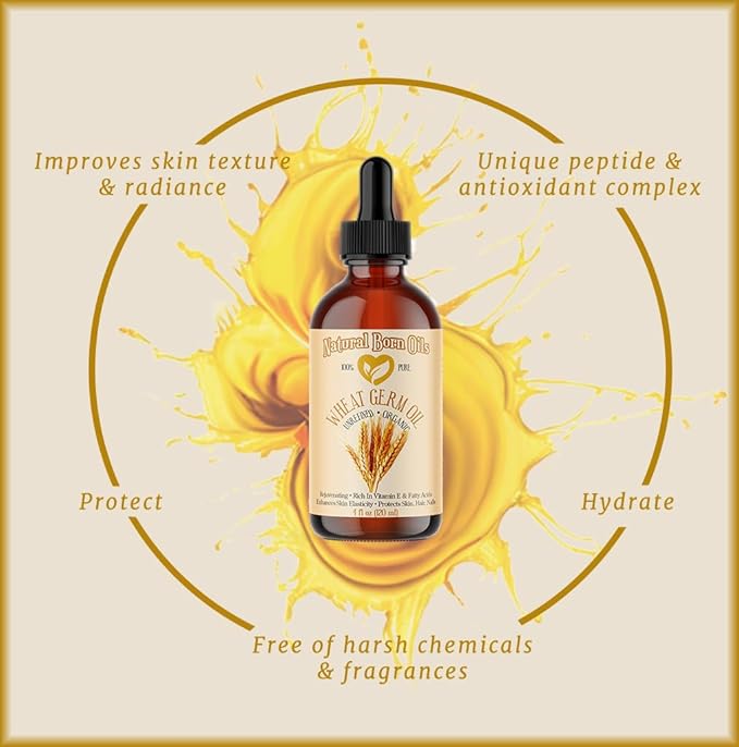 Natural Born Oils Wheat Germ Oil. 4oz. 100% Pure, Natural, Organic, Cold-pressed, Unrefined, Rejuvenating, Rich in Vitamin E. Moisturizer for Skin Hair