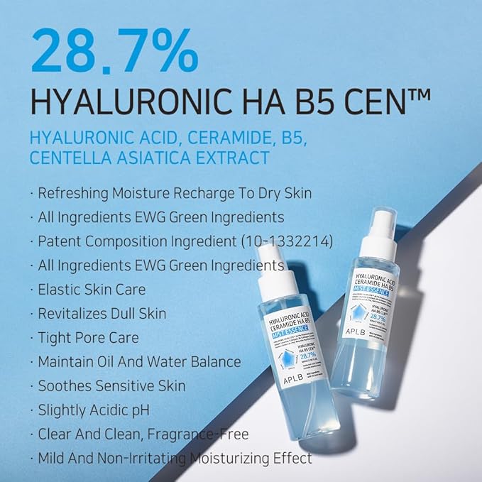 APLB Hyaluronic Acid Ceramide HA B5 Mist Essence | HYALURONIC HA B5 CEN™ 28.7% 3.55 FL.OZ/Korean Skincare, Replenishing moisture, Revitalize for gentle and improve skin texture through Hyaluronic