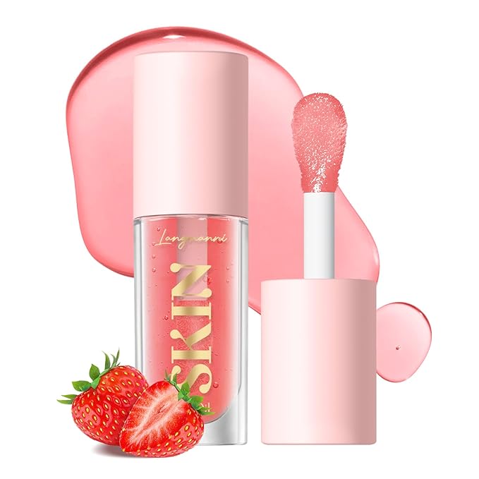 2Pack Big Brush Head Hydrating Lip Glow Oil Plumping Lip Tint, Hydrating Lip Gloss Tinted Lip Balm Transparent Lip Care, Long Lasting Nourishing Non-sticky Fresh Texture (Strawberry + Cherry)