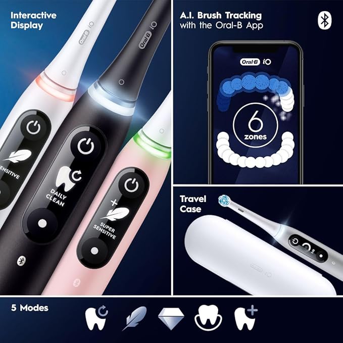 Oral-B iO Series 6 Rechargeable Electric Toothbrush with Visible Pressure Sensor to Protect Gums, 2 Minute Timer, 5 Cleaning Settings, 1 Replacement Toothbrush Head, and Travel Case, Black