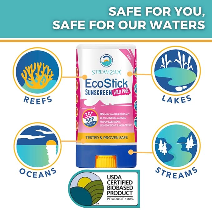 STREAM2SEA EcoStick SPF 35 Mineral Sunscreen Stick, Sweat Water Resistant Sunblock, USDA Approved Biodegradable Paraben Free Reef Safe Sunscreen Protection Against UVA UVB (EcoStick WildPink) - 0.5 oz