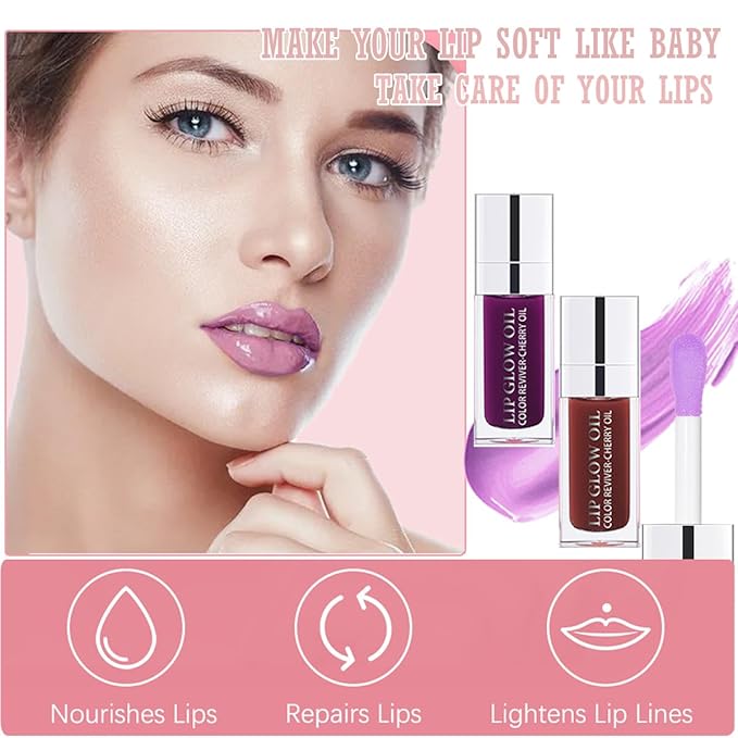 2 Colors Hydrating Plumping Lip Glow Oil,Moisturizing Lip Oil Gloss Transparent Glossy Lip Gloss Primer Lip Tint for Lip Care and Dry Lip (E176) (006#+020#)
