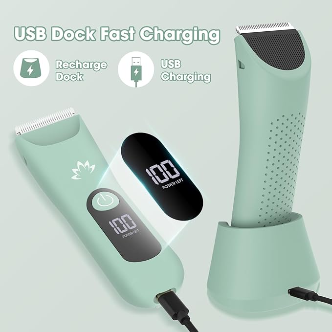 Bikini Trimmer for Women, Painless Pubic Hair Trimmer for Armpit Leg Arm Body Private Area,Rechargeable Womens Electric Razors Shaver LED Light Ceramic Blade IPX7 Waterproof Wet/Dry LCD Display,Green