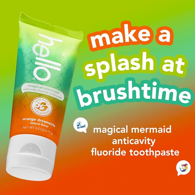 hello Magical Mermaid Kids Toothpaste with Fluoride, Orange Dreamsicle Flavor Toothpaste for Kids, Safe for Ages 2 and Up, Helps Prevent Cavities, Strengthen Enamel, Polish Teeth, 3 Pack, 4.2 Oz Each