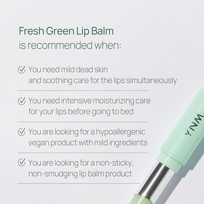 YNM Fresh Green Lip Balm 4g, Certified Vegan, Non-Sticky Sleep Lip Mask, k-beauty, Made in Korea, Irrtation index of 0.000, Super centella complex, Centella asiatica extract