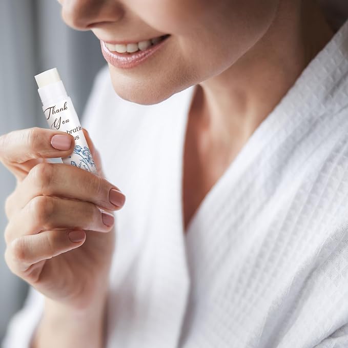 Dunzy 50 Pcs Thank You Gift Lip Balm Bulk Baby Shower Party Favors Bridal Shower Favor Lip Care with Assorted Fruit Flavors Thank You Lipstick for Guest Basket Gift Stuffer (Blue and White Porcelain)