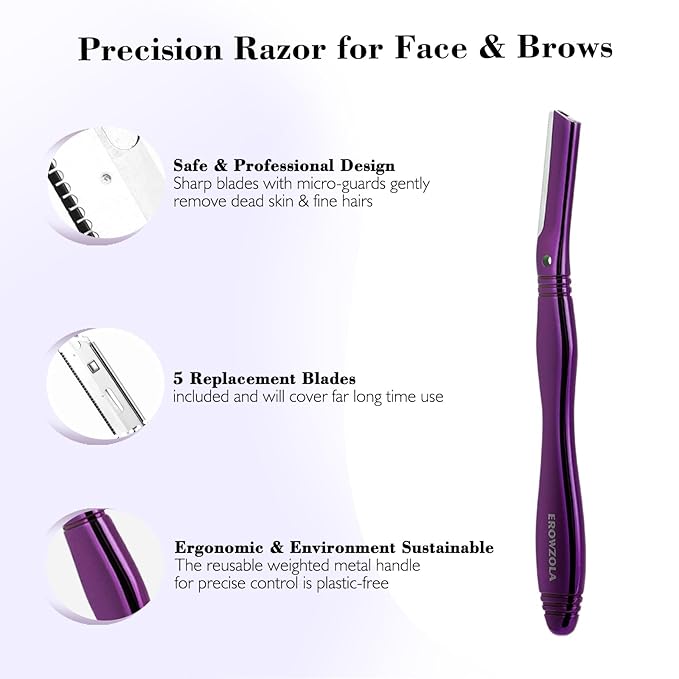 Dermaplane Razor for Women Face with 6 Refill Blades, Dermaplaning Tool Face Razors for Removes Facial Hair, Peach Fuzz, Reusable Metal Handle Eyebrow Razor (Purple)