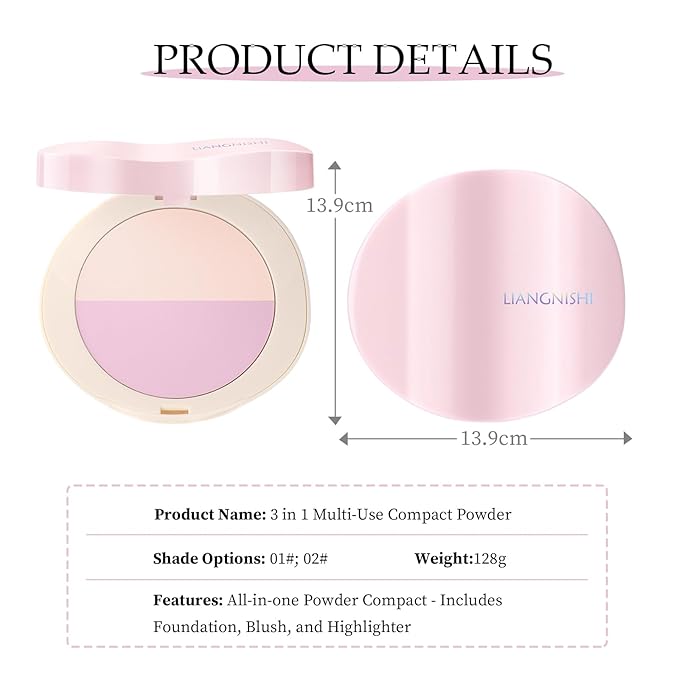 Pink Setting Powder, 3 in 1 Blush Palette with Puff, Highlighter Palette, Fine Texture Blush Pressed Powder, Setting Powder Makeup, Korea Makeup - Purple
