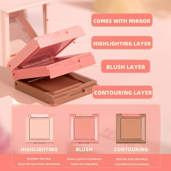 3 in 1 Contour Highlighter Blush Makeup Palette, Shimmer Matte 3 Colors Pigmented Brighten Highlighting Bronzer Blusher Eyeshadow Pallet, Long Lasting Shaping Full Face Eyes Makeup kit with Mirror