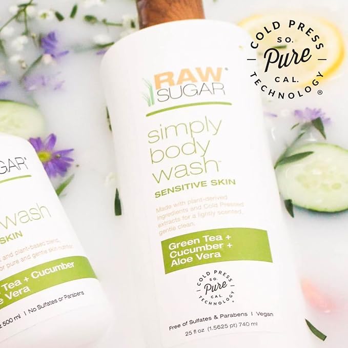 RAW SUGAR Simply Body Wash, (25 Fl Oz, Pack of 1) Bath Soap, Formulated without Sulfates & Parabens (Green Tea + Cucumber + Aloe Vera)