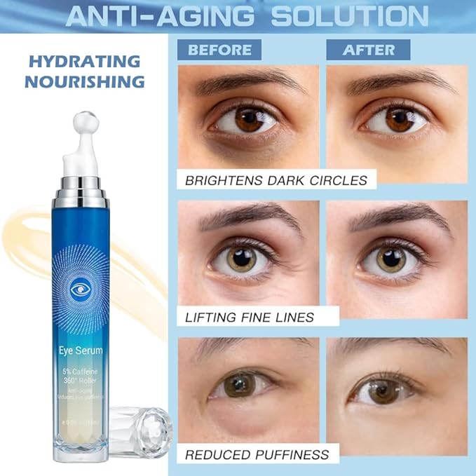 5% Caffeine Eye Serum, Under Eye Roller Cream for Dark Circles, Anti-aging Wrinkles And Firming, 360° Massage Ball Ice Roller For Fine Lines, Bags, Puffy Eyes, Eye Skin Care For Women Men (CAFFEINE)