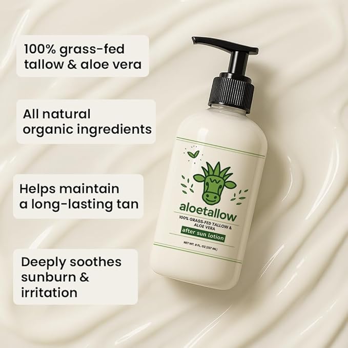 After Sun Lotion for Sunburn Relief & Tan Extender – Aloe Vera & Grass Fed Tallow with Shea & Cocoa Butter – Non-Toxic Daily Body Moisturizer for Dry Skin, Face & After Tanning