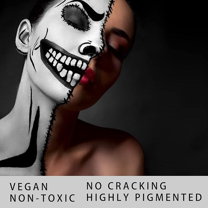 MEICOLY Black White Face Body Paint Stick Kit,1.06Oz Clown White Makeup Kit,2pcs Halloween Face Paint Grease Cream Mime Sticks,Joker Zombie Vampire Skeleton Cosplay with 2pcs Sponges