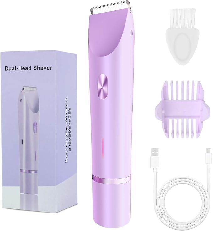2-in-1 Bikini Trimmer and Shaver Kit for Women, Electric Body Hair Trimmer Facial Hair Removal Cordless Bikini Shaver Razor for Face Lip Chin Pubic Underarm Legs, Purple
