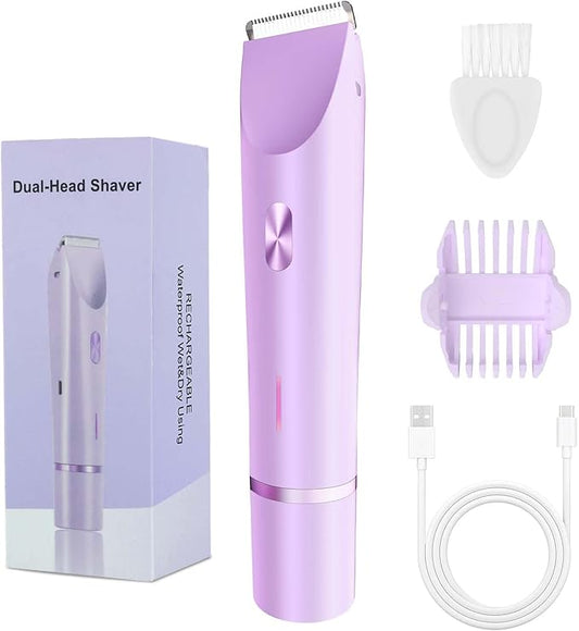 2-in-1 Bikini Trimmer and Shaver Kit for Women, Electric Body Hair Trimmer Facial Hair Removal Cordless Bikini Shaver Razor for Face Lip Chin Pubic Underarm Legs, Purple