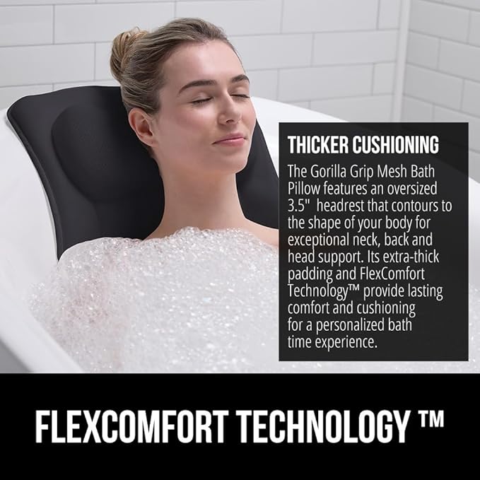 GORILLA GRIP Mesh Bath Pillow for Tub, 6 Powerful Suction Cups, Oversized Headrest with Breathable FlexComfort Technology for Neck, Head, Back Support, Luxury Machine Washable Bathtub Must Haves Black