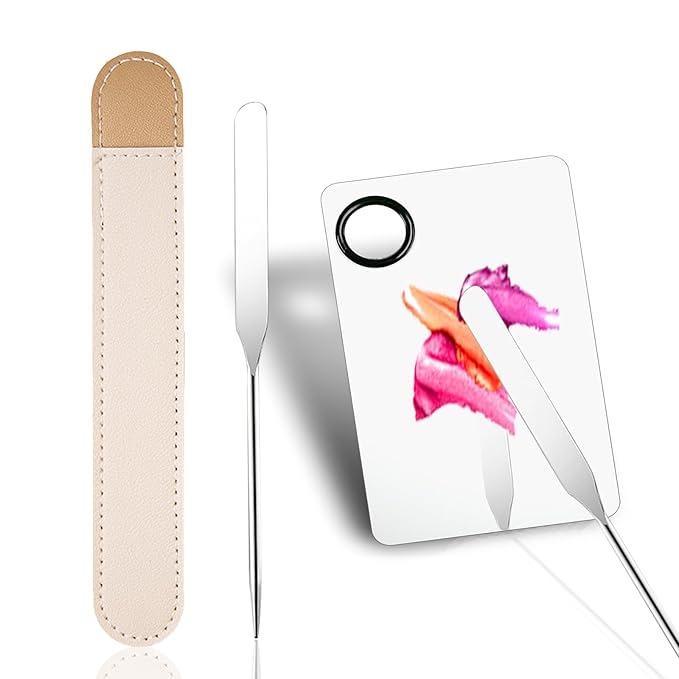 Picasso Makeup Spatula and Palette Set, Korean Makeup Spatula with Leather Cover, Stainless Steel Makeup Palette with Scraper Tool, Metal Foundation Palette for Cosmetic Pigment Blending（SS）